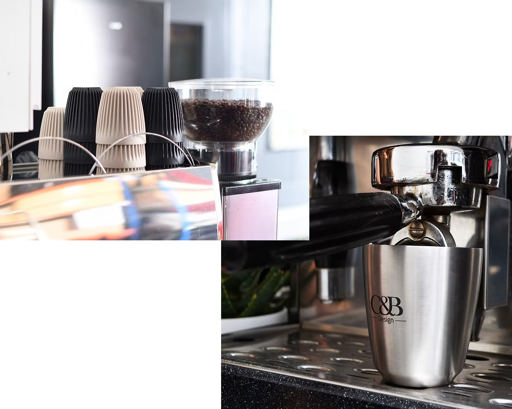 One image with Original HuskeeCups stacked on a coffee machine and another with a brushed steel HuskeeSteel cup under an espresso machine group head with espresso pouring in