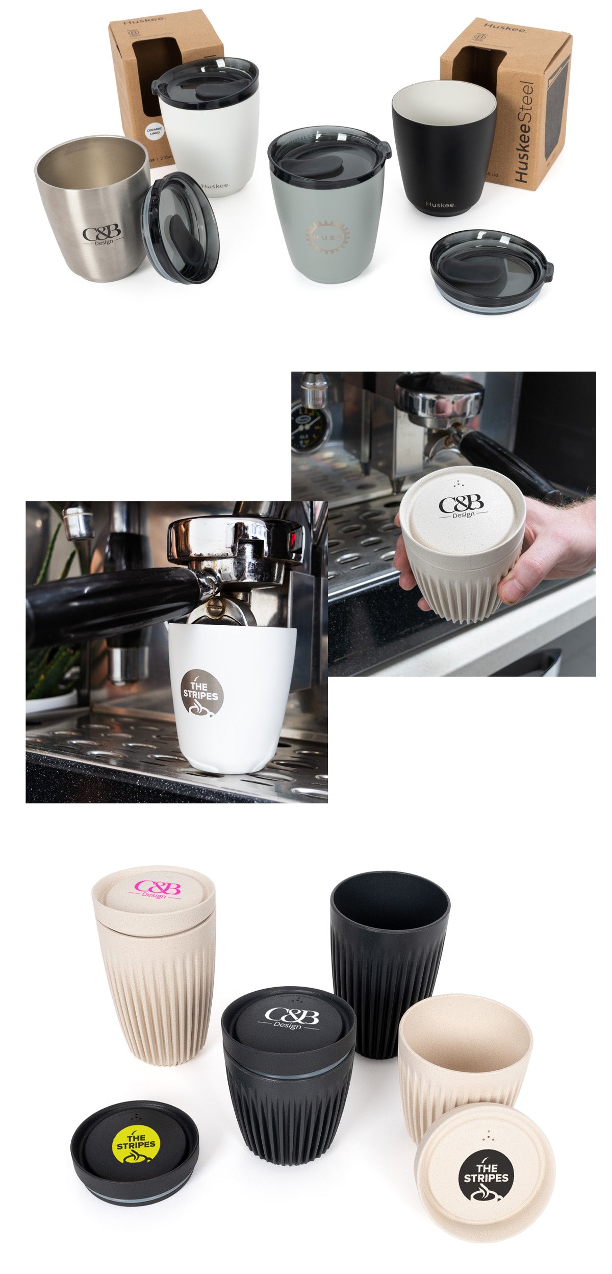 Collection of various reusable coffee cups with visible branding on a white background.