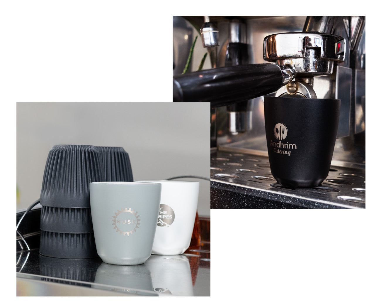 huskeesteel coffee cups with custom engraved logos stacked on coffee machine